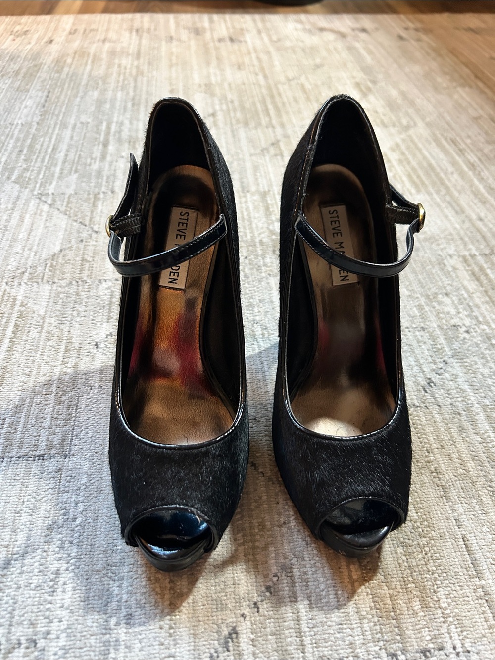 Steve Madden Laveda Peep-Toe Mary Jane Leather Calf-Hair Heels 8